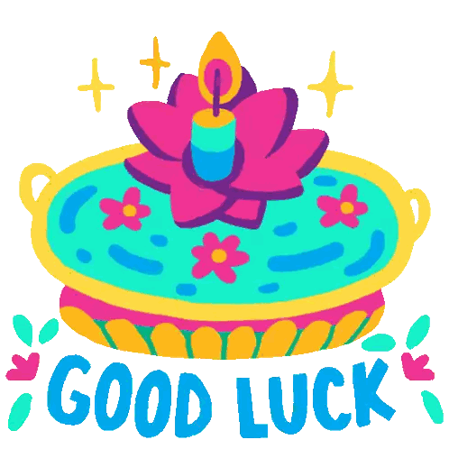 a colorful illustration of a cake with flowers and a candle and the words good luck