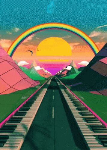A Colorful Illustration Of A Road Going Through A Piano Keyboard With A Rainbow In The Background GIF