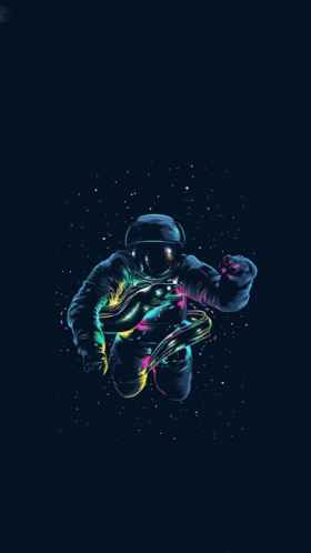 A Colorful Illustration Of An Astronaut In Space With A Dark Background GIF