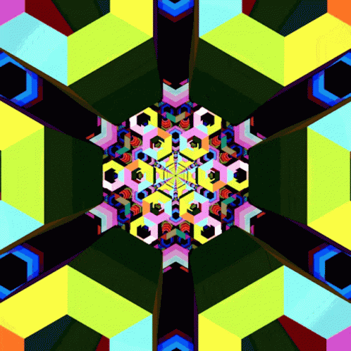 A Colorful Kaleidoscope Of Geometric Shapes With A Black Center GIF