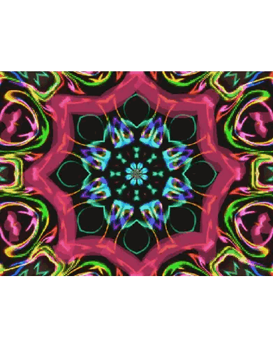 a colorful kaleidoscope with a flower in the center on a black background