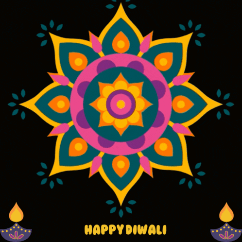 A Colorful Mandala With The Words Happy Diwali Written On It GIF