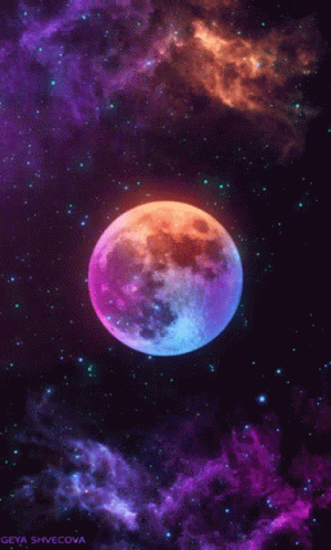 A Colorful Moon In A Galaxy With The Name Geya Shvecova On The Bottom GIF