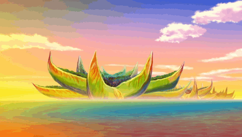 A Colorful Painting Of A Boat In The Ocean At Sunset GIF