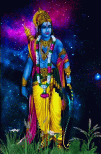 A Colorful Painting Of A Deity With A Bow And Arrow Standing In A Field . GIF