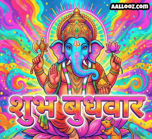 a colorful painting of a elephant holding a lotus flower and the words " aallooz.com " on the bottom