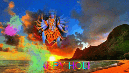 A Colorful Painting Of A Goddess With The Words Happy Holi Written In The Foreground GIF