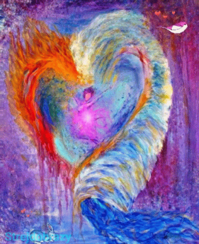 A Colorful Painting Of A Heart With A Rabbit On The Bottom Right GIF