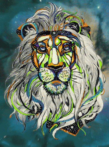 A Colorful Painting Of A Lion 'S Head With A Blue Sky In The Background GIF