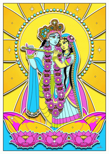 A Colorful Painting Of A Man Playing A Flute And A Woman Holding A Flower GIF