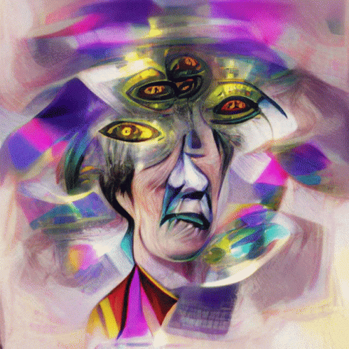 A Colorful Painting Of A Man 'S Face With Three Eyes GIF