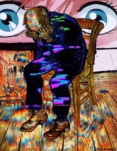 A Colorful Painting Of A Man Sitting In A Chair With His Head In His Hands GIF