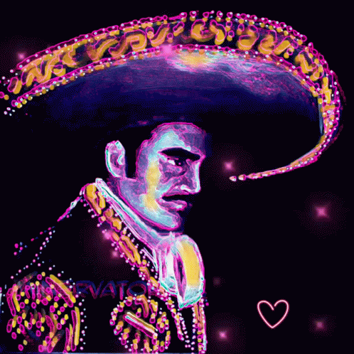 a colorful painting of a man wearing a sombrero with a heart in the corner