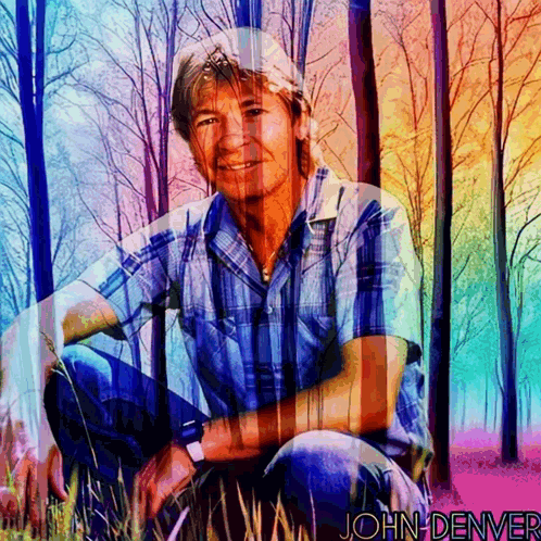 A Colorful Painting Of A Man With The Name John Denver On It GIF