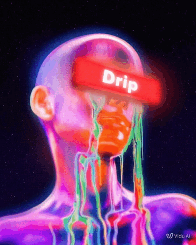 A Colorful Painting Of A Man With The Word Drip Written On His Head GIF
