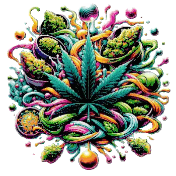 a colorful painting of a marijuana leaf surrounded by potted marijuana