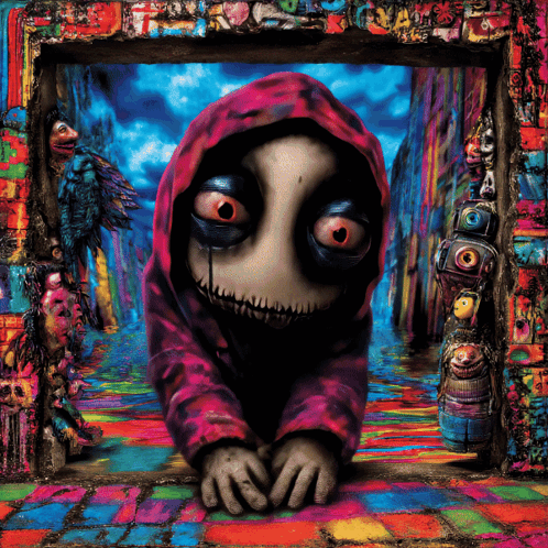 A Colorful Painting Of A Monster In A Red Hood GIF