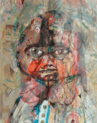A Colorful Painting Of A Person 'S Face With A Blue And White Shirt GIF