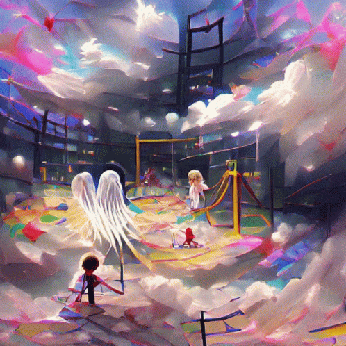 A Colorful Painting Of A Playground With Angels And A Boy GIF