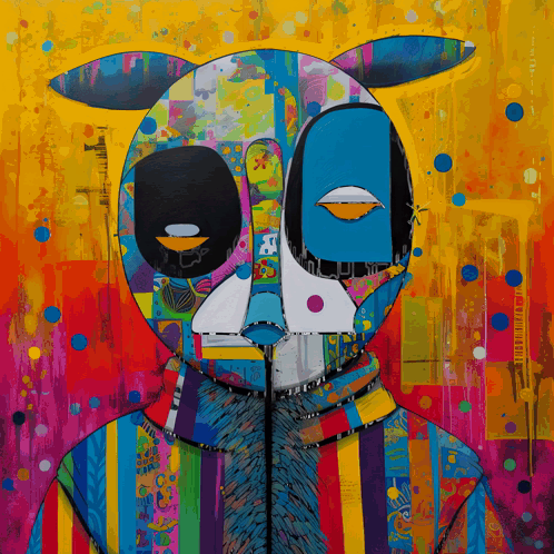 A Colorful Painting Of A Rabbit With A Yellow Background And The Word Rabbit On It GIF