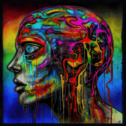 A Colorful Painting Of A Woman 'S Face With A Blue Eye And A Brain GIF