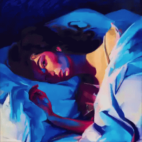 a colorful painting of a woman sleeping in a bed with blue sheets