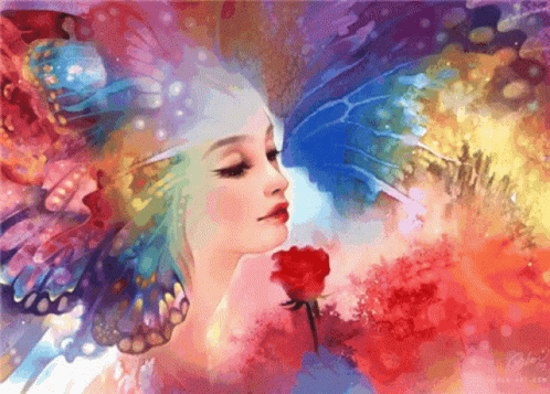 A Colorful Painting Of A Woman With Butterfly Wings Holding A Red Rose GIF