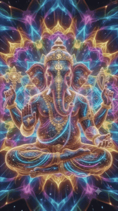 a colorful painting of an elephant sitting in a lotus position with an om symbol on his head