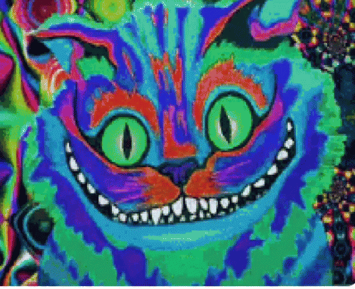 A Colorful Painting Of Cheshire Cat Smiling With Green Eyes GIF