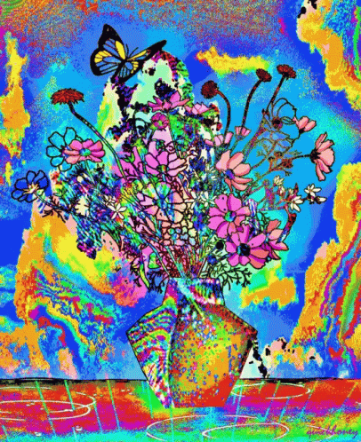 A Colorful Painting Of Flowers With A Butterfly On Top GIF