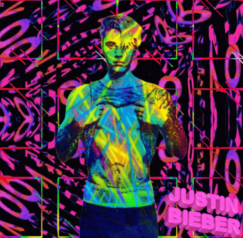 A Colorful Painting Of Justin Bieber With A Rainbow Background GIF