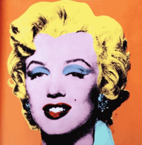 A Colorful Painting Of Marilyn Monroe With Yellow Hair And Blue Eye Shadow GIF