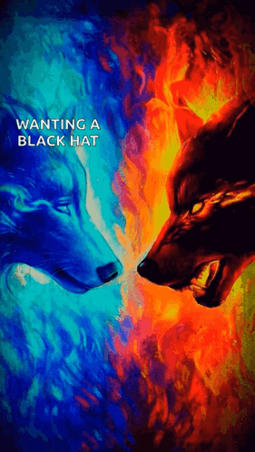 A Colorful Painting Of Two Wolves With The Words Wanting A Black Hat Below Them GIF