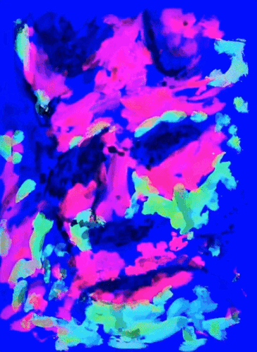 A Colorful Painting On A Blue Background That Looks Like A Painting Of A Face GIF