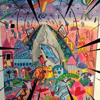A Colorful Painting With A Blue Car In The Middle Of It GIF