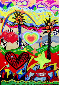 A Colorful Painting With Hearts Palm Trees And A Crab GIF