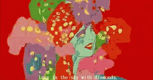 A Colorful Painting With The Words Lucy In The Sky With Diamonds Below It GIF