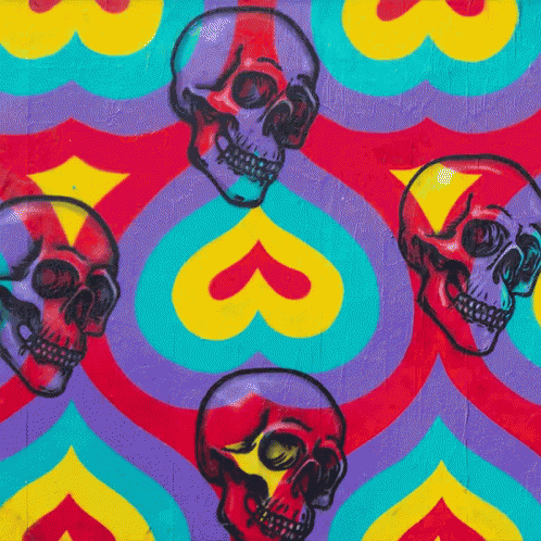 A Colorful Pattern Of Skulls And Hearts On A Purple Background GIF