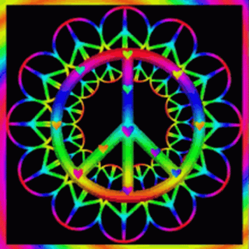 A Colorful Peace Sign Is Surrounded By Hearts GIF