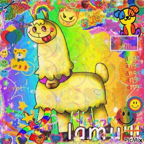 A Colorful Picture Of A Llama With The Words " I Am A Llama " On It GIF