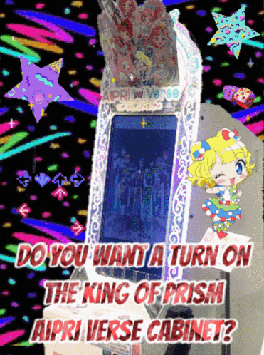 A Colorful Poster That Says Do You Want A Turn On The King Of Prism GIF