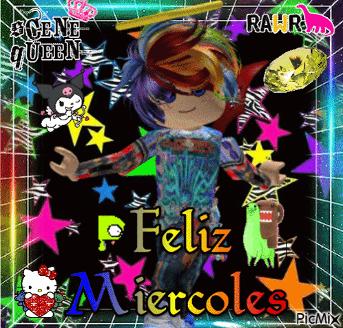 A Colorful Poster That Says Feliz Miercoles With A Hello Kitty GIF
