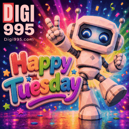 a colorful poster that says happy tuesday with a robot on it