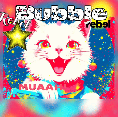 A Colorful Poster With A White Cat And The Words Rebel Rebel GIF