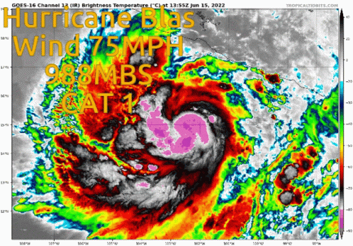 A Colorful Satellite Image Of A Hurricane With The Words Hurricane Blas Wind 75 Mph GIF
