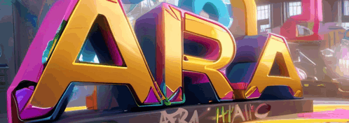 A Colorful Sign That Says Ara Hangs In The Street GIF
