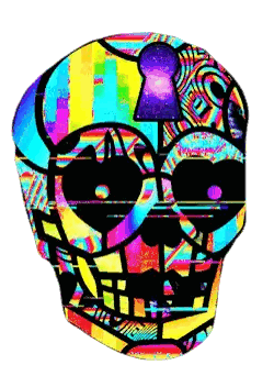 a colorful skull with a purple keyhole in the middle