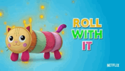 A Colorful Stuffed Cat With The Words Roll With It Written On The Bottom GIF