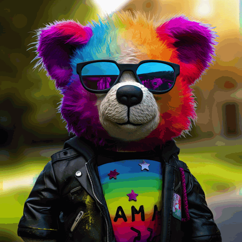 A Colorful Teddy Bear Wearing Sunglasses And A Rainbow Shirt With The Word Ama On It GIF