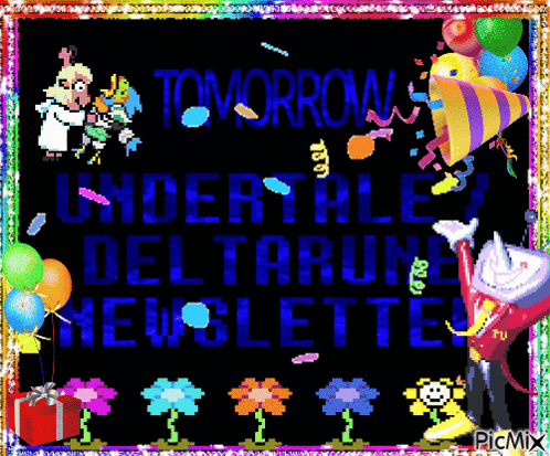 A Colorful Undertale Deltarune Banner With Balloons And Flowers GIF